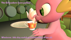 Size: 3840x2160 | Tagged: safe, artist:olkategrin, spike, dragon, comic:no moaning in the library, g4, 3d, book, bookshelf, comic, cup, dialogue, english, golden oaks library, high res, kitchen, looking at something, male, plant, plate, potion, pouring, room, solo, source filmmaker, standing, teacup, teapot, text