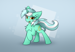 Size: 2600x1800 | Tagged: safe, artist:rejiser, lyra heartstrings, pony, unicorn, g4, chest fluff, female, full body, gradient background, high res, horn, looking at you, mare, raised hoof, signature, solo, tail