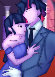 Size: 2480x3508 | Tagged: safe, artist:sh4deshad0w41, twilight sparkle, human, equestria girls, g4, blurry background, duo, dusk shine, eyes closed, female, hand on chest, hand on hip, high res, male, rule 63, self paradox, self ponidox, selfcest, ship:dusktwi, shipping, straight