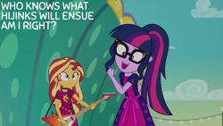 Size: 1280x720 | Tagged: safe, edit, edited screencap, editor:quoterific, screencap, sci-twi, sunset shimmer, twilight sparkle, human, equestria girls, equestria girls specials, g4, my little pony equestria girls: better together, my little pony equestria girls: spring breakdown