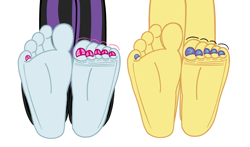 Size: 3289x1931 | Tagged: safe, artist:wallflowerblusheqg, pixel pizazz, violet blurr, human, equestria girls, g4, barefoot, base, base used, feet, female, fetish, foot fetish, foot focus, simple background, soles, toes, white background