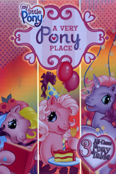 Size: 960x1440 | Tagged: safe, cheerilee (g3), pinkie pie (g3), storybelle, earth pony, pony, unicorn, a very pony place, come back lily lightly, g3, positively pink, two for the sky, balloon, birthday cake, book, cake, candle, food, fork, hat, heart, heart eyes, looking at you, my little pony logo, party hat, poster, reading, starry eyes, wingding eyes
