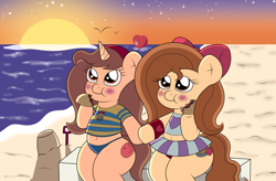 Size: 4259x2800 | Tagged: safe, artist:sparkfler85, derpibooru exclusive, oc, oc only, oc:flani bainilye, oc:hymyt, earth pony, pony, unicorn, beach, belly button, blushing, bow, bracelet, chubby, clothes, cute, earthbound, eating, female, food, freckles, hair bow, hairband, heart, heart eyes, implied incest, implied lesbian, jewelry, ness, panties, shirt, sitting, skirt, striped shirt, striped skirt, sunset, taco, underwear, wingding eyes