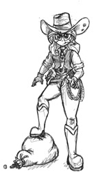 Size: 788x1374 | Tagged: safe, artist:jack107401, sunset shimmer, human, equestria girls, g4, clothes, coin, cowboy hat, cowgirl, female, gloves, gun, handgun, hat, looking at you, monochrome, pointing at you, ready to fight, revolver, rope, simple background, smiling, smiling at you, solo, stetson, weapon, white background