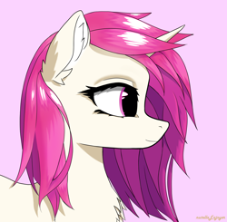 Size: 3060x3000 | Tagged: safe, artist:nutellaenjoyer, pony, unicorn, chest fluff, ear fluff, high res, pink background, simple background, solo