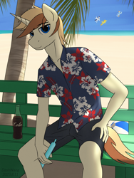 Size: 2250x3000 | Tagged: safe, artist:dash wang, rainbow dash, soarin', spitfire, oc, oc:cream brun, pony, unicorn, anthro, g4, beach, bench, high res, palm tree, soda, tree