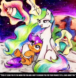 Size: 2289x2339 | Tagged: safe, artist:liaaqila, princess celestia, scootaloo, alicorn, pegasus, pony, g4, blank flank, cherry, chest fluff, cute, cutealoo, dialogue, drink, duo, duo female, eye clipping through hair, female, filly, foal, folded wings, food, glowing, glowing horn, high res, horn, hug, levitation, magic, magic aura, mare, milkshake, momlestia, moon, on the moon, open mouth, scootalove, space, stars, talking, telekinesis, text, to the moon, traditional art, underhoof, wings
