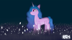 Size: 3840x2160 | Tagged: safe, artist:a1ra, izzy moonbow, pony, unicorn, g5, female, glowing, grass, high res, outdoors, profile, solo, standing