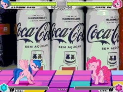 Size: 994x746 | Tagged: safe, artist:tom artista, firefly, pinkie pie, rainbow dash, earth pony, pegasus, pony, fighting is magic, g1, g4, art style, brand, coca-cola, coke, color, colored, cooler, drink, famous, fan game, female, flavor, food, mare, marshmallow, new, palette swap, recolor, soda, stage