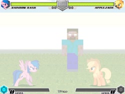 Size: 994x747 | Tagged: safe, artist:tom artista, applejack, firefly, rainbow dash, earth pony, pegasus, pony, fighting is magic, g1, g4, bipedal, creepy, creepypasta, fan game, female, fog, herobrine, mare, minecraft, needs more jpeg, new, palette swap, recolor, stage