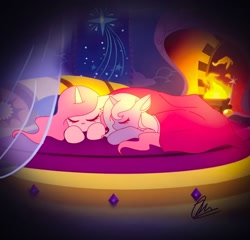 Size: 1530x1471 | Tagged: safe, artist:jaanhavi, princess celestia, princess luna, alicorn, pony, g4, bed, blanket, cewestia, cute, cutelestia, eyes closed, female, filly, lunabetes, royal sisters, siblings, sisters, sleeping, woona, younger