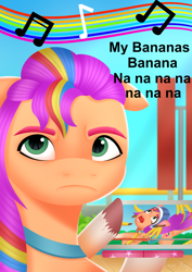 Size: 2480x3508 | Tagged: safe, artist:leonkay, sunny starscout, earth pony, pony, g5, my bananas, my little pony: tell your tale, spoiler:g5, spoiler:my little pony: tell your tale, spoiler:tyts01e21, bag, banana, cellphone, coat markings, female, food, frown, helmet, high res, hoof hold, magnetic hooves, mane stripe sunny, mare, music notes, my bananas (song), phone, rainbow, saddle bag, smartphone, socks (coat markings), solo, song reference, sunny starscout is not amused, unamused, unshorn fetlocks