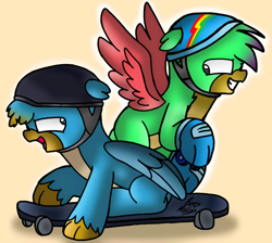 Size: 1702x1525 | Tagged: safe, artist:beesmeliss, gallus, oc, oc:drago, griffon, g4, chibi, duo, helmet, skateboard