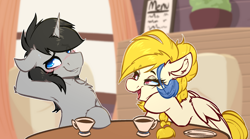 Size: 2338x1296 | Tagged: safe, artist:witchtaunter, golden feather, princess celestia, oc, oc:greyline, pegasus, pony, unicorn, g4, blushing, cafe, canon x oc, chest fluff, coffee, commission, cup, date, duo, ear fluff, embarrassed, female, flirting, floppy ears, lidded eyes, male, mare, stallion, teacup