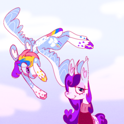 Size: 1000x1000 | Tagged: safe, artist:sugvr_alien, rainbow dash, rarity, deer, deer pony, original species, peryton, pony, unicorn, g4, blushing, duo, female, flying, lesbian, ship:raridash, shipping, species swap