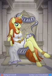Size: 1000x1464 | Tagged: safe, artist:virenth, oc, oc:hime cut, snake, unicorn, anthro, bracelet, clothes, crossed legs, dress, female, jewelry, sitting, solo, temple, throne