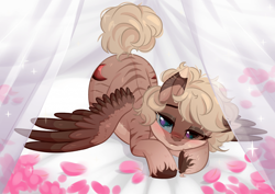 Size: 1920x1359 | Tagged: safe, artist:heidi, artist:sparkling_light base, oc, oc only, oc:amoo, pegasus, pony, zebra, ass up, base used, bed, blonde mane, blushing, commission, curly tail, female, heterochromia, mare, pegasus oc, pony oc, solo, spread wings, stripes, tail, wings, ych result, zebra oc