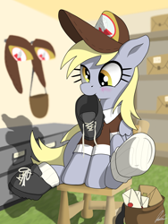 Size: 3000x4000 | Tagged: safe, artist:flaremoon, derpibooru exclusive, derpy hooves, pegasus, pony, g4, blushing, boots, cap, chair, clothes, cute, derp, derpabetes, female, frog (hoof), hat, high res, letter, mailmare, mare, mouth hold, post office, shoes, sitting, socks, solo, underhoof