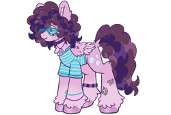 Size: 3050x2050 | Tagged: safe, artist:mxmx fw, oc, oc only, oc:stripe, pegasus, pony, clothes, collar, curl, curly hair, disguise, disguised siren, dyed mane, fangs, folded wings, glasses, high res, redesign, simple background, solo, sticker, transparent background, two toned mane, unshorn fetlocks, wings