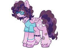 Size: 3050x2050 | Tagged: safe, artist:k0br4, oc, oc only, oc:stripe, pegasus, pony, clothes, collar, curl, curly hair, disguise, disguised siren, dyed mane, fangs, folded wings, glasses, high res, redesign, simple background, solo, sticker, transparent background, two toned mane, unshorn fetlocks, wings