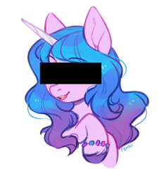 Size: 1667x1756 | Tagged: safe, artist:fensu-san, edit, editor:protocat, izzy moonbow, pony, unicorn, g5, bracelet, bust, censor bar, censored, censored eyes, cute, female, izzybetes, jewelry, looking at you, mare, open mouth, open smile, portrait, raised hoof, signature, simple background, smiling, solo, unnecessary censorship, unshorn fetlocks, white background