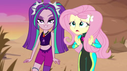 Size: 3000x1688 | Tagged: safe, artist:bigpurplemuppet99, edit, edited screencap, screencap, aria blaze, fluttershy, human, aww... baby turtles, equestria girls, g4, my little pony equestria girls: better together, ariashy, belly button, clothes, female, lesbian, shipping, swimsuit, wetsuit
