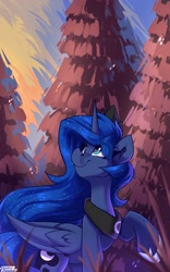 Size: 1650x2650 | Tagged: safe, artist:shadowreindeer, princess luna, alicorn, pony, g4, crown, ethereal mane, ethereal tail, female, folded wings, forest, forest background, high res, hoof shoes, jewelry, long mane, looking up, mare, outdoors, peytral, princess shoes, raised hoof, regalia, smiling, solo, starry mane, starry tail, tail, turned head, wings