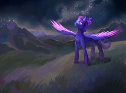 Size: 6576x4868 | Tagged: safe, artist:yasu, oc, oc only, oc:shadow galaxy, pegasus, pony, absurd resolution, commission, concave belly, detailed background, ethereal mane, female, grass, grass field, hooves, mare, mountain, mountain range, night, pegasus oc, quadrupedal, smiling, solo, spine, spread wings, standing, starry mane, starry tail, stars, tail, wings