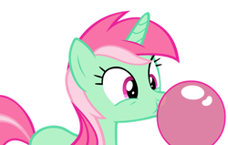 Size: 1121x713 | Tagged: artist needed, safe, minty bubblegum, pony, unicorn, g4, on your marks, background pony, bubble, bubblegum, everyone fights bad users, female, food, gum, mare, simple background, solo, transparent background