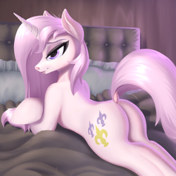 Size: 3072x3072 | Tagged: safe, artist:cherrymocaccino, artist:zuko42, fleur-de-lis, pony, unicorn, g4, bed, bedroom, bedroom eyes, butt, dock, female, fleur-de-rriere, high res, lying down, makeup, mare, on bed, pillow, plot, prone, solo, tail