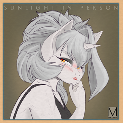 Size: 2000x2000 | Tagged: safe, artist:maximus, oc, oc:sunlight stellaris, unicorn, anthro, bust, cover, female, high res, looking at you, parody, solo