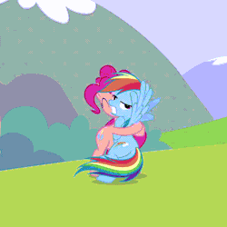 Size: 1080x1080 | Tagged: safe, screencap, pinkie pie, rainbow dash, earth pony, pegasus, pony, g4, wonderbolts academy, animated, bone-crushing snuggles, butt, cropped, cute, duo, female, gif, hape, hug, personal space invasion, plot