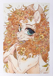Size: 2772x3929 | Tagged: safe, artist:eiirine, pear butter, earth pony, pony, g4, curly hair, curly mane, cute, eyebrows, eyelashes, female, flower, flower in hair, hat, hay in hair, high res, ink drawing, leaves, leaves in hair, lineart, looking at you, mare, pearabetes, pencil drawing, smiling, smiling at you, solo, traditional art, twigs in hair, watercolor painting
