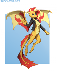 Size: 1708x2157 | Tagged: safe, artist:shido-tara, sunset shimmer, dragon, g4, abstract background, clothes, dragoness, dragonified, female, horns, jacket, leather, leather jacket, looking at you, piercing, raised arm, scales, sketch, species swap, spread wings, sunset dragon, wings