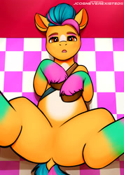 Size: 2894x4093 | Tagged: safe, artist:jcosneverexisted, hitch trailblazer, earth pony, pony, g5, featureless crotch, looking at you, lying, lying down, makeup, male, on back, presenting, solo, spread legs, spreading, stallion, unshorn fetlocks