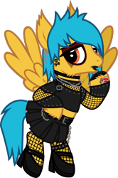 Size: 869x1307 | Tagged: safe, artist:lightningbolt, derpibooru exclusive, pegasus, pony, g4, .svg available, alex gaskarth, all time low, belt, buckle, chains, cheek fluff, choker, clothes, crossdressing, dyed mane, dyed tail, ear fluff, ear piercing, earring, eyeliner, eyeshadow, fishnet stockings, flying, hair over one eye, high heels, hoof fluff, hoof on hip, hoof polish, jewelry, leg band, lidded eyes, lipstick, looking at you, makeup, male, mascara, midriff, necklace, piercing, ponified, raised hoof, shirt, shoes, short shirt, show accurate, simple background, skirt, solo, spread wings, stallion, svg, tail, tail feathers, tattoo, transparent background, vector, wing fluff, wings