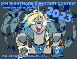 Size: 1167x905 | Tagged: safe, artist:firelorda2, oc, oc only, oc:orenda azure, bat, pony, unicorn, bag, candy bag, contest, discord (program), glowing, glowing eyes, hoof hold, link in description, nightmare night, sombra eyes