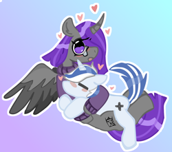 Size: 1612x1424 | Tagged: safe, anonymous artist, derpibooru exclusive, oc, oc only, oc:etheria galaxia, oc:scratch wub, alicorn, pony, unicorn, :o, alicorn oc, blushing, cuddling, curved horn, duo, glasses, gradient background, heart, horn, open mouth, ship:scratchtheria, shipping, wings