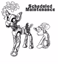 Size: 1853x2050 | Tagged: safe, artist:kage, oc, oc:meadowmuffin, earth pony, pony, robot, robot pony, unicorn, fallout equestria, simple background, sketch, speech bubble, white background