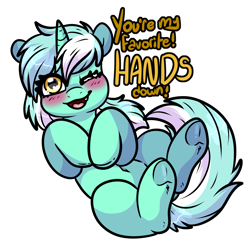 Size: 1797x1761 | Tagged: safe, artist:sexygoatgod, lyra heartstrings, pony, unicorn, g4, belly button, blushing, cute, cute little fangs, fangs, female, frog (hoof), heart, heart eyes, looking at you, lyrabetes, one eye closed, open mouth, open smile, simple background, smiling, smiling at you, solo, that pony sure does love hands, transparent background, underhoof, wingding eyes, wink, winking at you