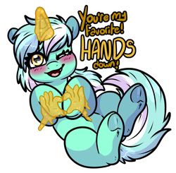 Size: 1797x1761 | Tagged: safe, alternate version, artist:sexygoatgod, lyra heartstrings, pony, unicorn, g4, belly button, blushing, cute, cute little fangs, fangs, female, frog (hoof), glowing, glowing horn, hand, heart, heart eyes, horn, looking at you, lyrabetes, magic, magic hands, one eye closed, open mouth, open smile, simple background, smiling, smiling at you, solo, that pony sure does love hands, transparent background, underhoof, wingding eyes, wink, winking at you