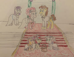 Size: 1015x787 | Tagged: safe, artist:13mcjunkinm, apple bloom, cheese sandwich, maud pie, pinkie pie, scootaloo, sweetie belle, earth pony, pegasus, pony, unicorn, g4, clothes, cutie mark crusaders, dress, marriage, traditional art, wedding, wedding dress, wedding suit