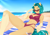 Size: 1500x1049 | Tagged: safe, artist:bylullabysoft, oc, oc:depth chaser, unicorn, anthro, abs, beach, bedroom eyes, breasts, cleavage, clothes, coat markings, eyebrows, eyelashes, female, horn, looking at you, lying down, on back, sand, short hair, smiling, smiling at you, socks (coat markings), solo, sunglasses, swimsuit, thighs, towel, two-piece swimsuit, water