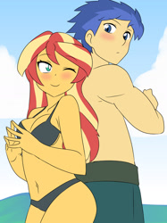 Size: 1280x1714 | Tagged: safe, artist:studiodraw, flash sentry, sunset shimmer, human, equestria girls, g4, back to back, beach, belly button, bikini, black bikini, black swimsuit, blushing, breasts, busty sunset shimmer, clothes, duo, duo male and female, female, looking at each other, looking at someone, male, one eye closed, partial nudity, ship:flashimmer, shipping, straight, swimming trunks, swimsuit, topless, wink