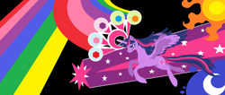 Size: 2584x1100 | Tagged: safe, artist:foldawaywings, twilight sparkle, alicorn, pony, g4, 2012, abstract background, alternate design, black background, colored wings, element of generosity, element of honesty, element of kindness, element of laughter, element of loyalty, element of magic, elements of harmony, female, flying, long tail, magic, mare, multicolored wings, old art, princess celestia's cutie mark, princess luna's cutie mark, rainbow, simple background, solo, tail, twilight sparkle (alicorn), twilight sparkle's cutie mark, windswept mane, wings