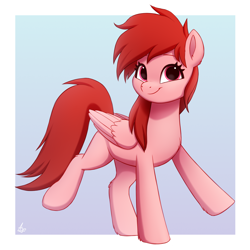 Size: 1950x1950 | Tagged: safe, artist:luminousdazzle, oc, oc only, oc:mare mare, oc:red, pegasus, pony, female, gradient background, looking at you, magenta eyes, mare, pegasus oc, raised hoof, raised leg, smiling, smiling at you, solo