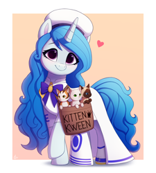 Size: 1800x2000 | Tagged: safe, artist:luminousdazzle, majesty, cat, pony, unicorn, g1, g5, bag, bowtie, clothes, dress, female, floating heart, g1 to g5, generation leap, gondolier, hat, heart, horn, kitten, looking at you, mare, not izzy moonbow, purple eyes, raised hoof, saddle bag, sailor uniform, simple background, smiling, smiling at you, solo, uniform