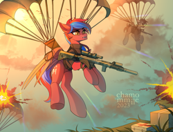 Size: 3139x2400 | Tagged: safe, artist:chamommile, oc, oc only, oc:ivory flare, original species, pegasus, pony, ammunition, angry, armor, assault, clothes, cloud, commission, ear fluff, ears back, explosion, female, fight, flying, full body, grass, gun, high res, looking at each other, looking at someone, medkit, military, military uniform, open mouth, parachute, paratrooper, pegasus oc, red hair, red mane, red skin, rifle, serious, serious face, sky, sniper, sniper rifle, sunset, uniform, weapon, ych result, yellow eyes