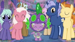 Size: 520x293 | Tagged: safe, screencap, fuchsia frost, golden crust, midnight snack (g4), night view, spike, dragon, earth pony, pony, unicorn, g4, season 9, she's all yak, animated, dj scales and tail, friendship student, gif, male, nodding, school of friendship, stallion, winged spike, wings