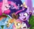 Size: 2343x2000 | Tagged: safe, artist:galaxy swirl, applejack, fluttershy, pinkie pie, rainbow dash, rarity, twilight sparkle, alicorn, earth pony, pegasus, pony, unicorn, g4, my little pony: friendship is magic, the last problem, applejack's hat, blurry background, bush, colored pupils, cowboy hat, crown, crying, ethereal mane, eyebrows, eyeshadow, fear hug, female, folded wings, freckles, group, hat, hi girls, hiding, hiding in bushes, high res, hoof shoes, hug, implied time travel, impossibly long neck, jewelry, long mane, makeup, mane six, mare, older, older twilight, older twilight sparkle (alicorn), open mouth, open smile, peytral, princess shoes, princess twilight 2.0, raised eyebrow, raised eyebrows, regalia, scared, sextet, smiling, sparkles, sparkling mane, starry mane, this will end in timeline distortion, twilight sparkle (alicorn), twilight sparkle's cutie mark, winghug, wings